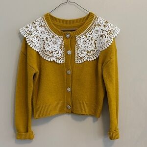 Anthropologie Mustard Sweater with White Lace Collar